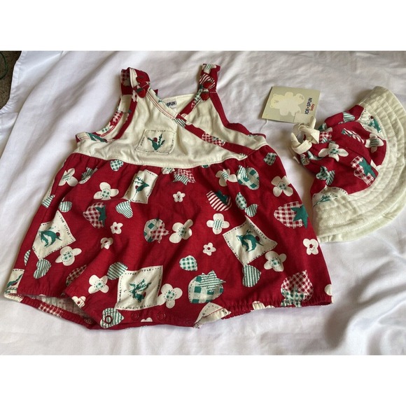 Vintage Girl Lot Size 18 Mo Strawberry Doe-Spun Bubble Romper Hat New Old Stock - Picture 1 of 9